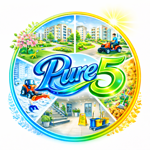 Okrągły znak reklamowy Pure5 przedstawiający zakres usług